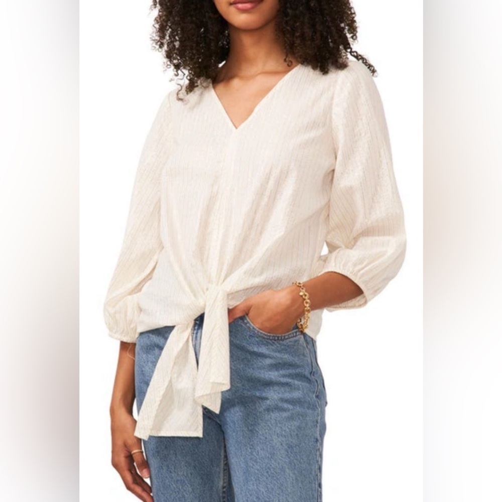 Vince Camuto Cream V-Neck Tie-Front Blouse
